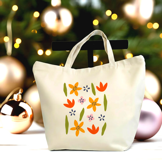 Modern Floral Canvas Tote Bag – Minimalist Flower Design – Large Botanical Shopper – Nature Inspired Gift