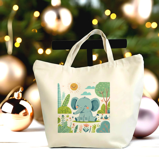 Cute Elephant Canvas Tote Bag – Safari Animal Large Shopper – Nature Lover Gift – Everyday Tote