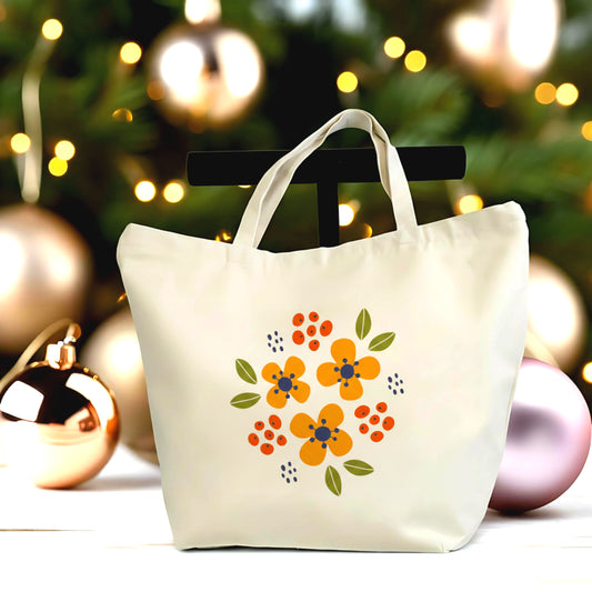 Retro Floral Tote Bag – Vintage Flower Canvas Shopper – Large Everyday Tote – Cute Botanical Gift